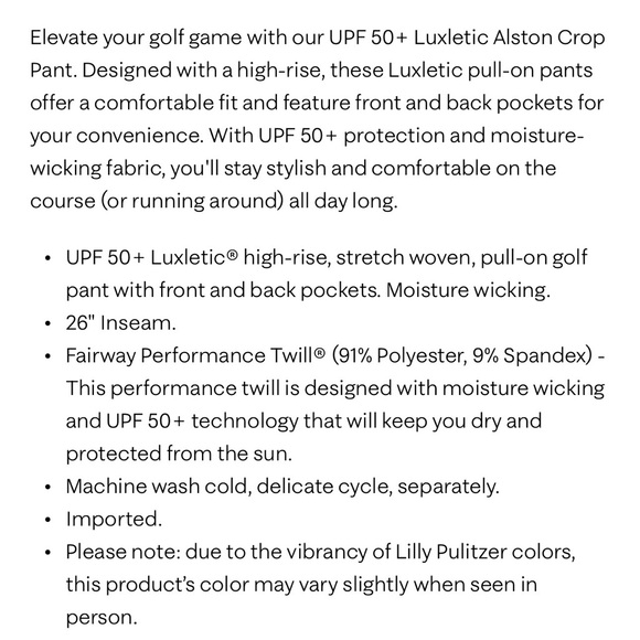 NWT Lilly Pulitzer Bahamas Beachcomber UPF 50+ Luxletic 26" Alston Crop Pant - Picture 12 of 12